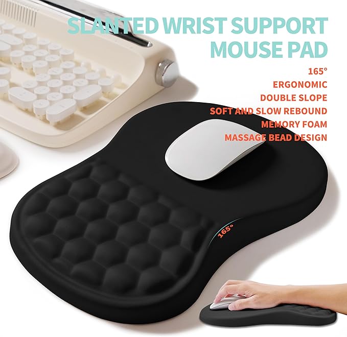 2-in-1 Ergonomic Set, Wave Rise Keyboard Wrist Rest and Massage Bulge Slope Mouse Pad Wrist Support, Cushion Memory Foam Integrated to Relieve Wrist Pain, Black
