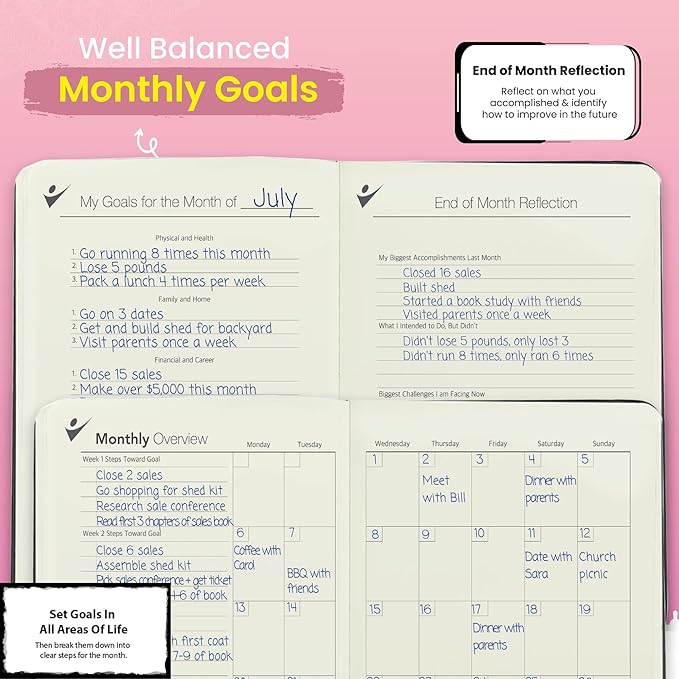 Undated Planner - 90 Day Guided Journal, 2025 2026 Weekly Organization, Productivity Habit Tracker, Inspirational, Life Setting, Rose Gold, Pink Leather, Almond Pages