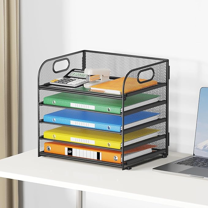 Lavatino 5 Tray Desk File Organizer, Black Mesh Paper Sorter Letter Tray Organizer with Handle, Desktop File Organizer and Storage for Letter/A4 Office File Folder