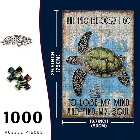 1000 Piece Wooden Jigsaw Puzzle Beautiful Sea Turtle and Into Adults & Kids Difficult Brain Teaser for Focus Training & Quiet Family Time 29.5x19.7 Inch