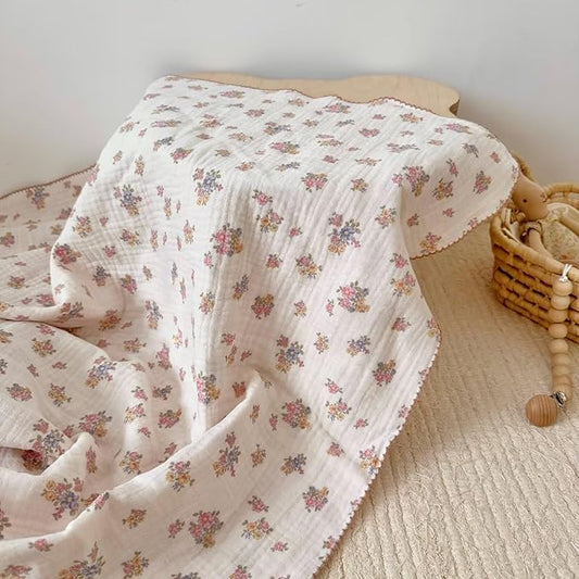 BuLuTu Muslin Cotton Baby Blanket, Tuberose Pattern Crib Blanket 47x51 Inch, Shabby Chic Pink Floral Nursery Blankets for Baby Infant Toddler Girls Boys, Super Soft Lightweight