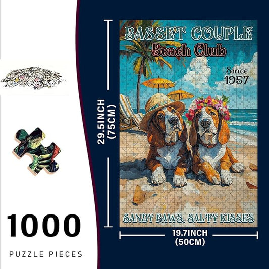 1000 Piece Wooden Jigsaw Puzzle Basset Hound Dog Basset Couple for The Soul for Adults & Kids Challenging Family Activity with Stress Relief & Focus Training 29.5x19.7 Inch