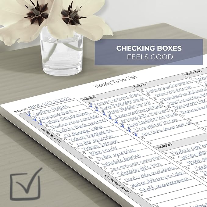 Weekly To Do List Notepad, 60 Page Task Planning Pad w/Daily Checklist, Priority Todo Checkbox & Notes. Desk Notebook to Organize Office 11 X 8.5