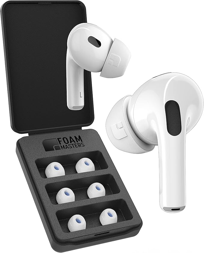 Foam Masters Ultra-Premium Memory Foam Ear Tips for AirPods Pro 1st & 2nd Gen | 3 Pairs | New Ver. | Secure Fit | Super Comfort | Better Noise Cancel | Replacement Buds (Assorted S/M/L, White)