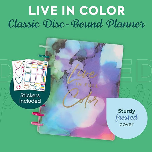 Happy Planner Disc-Bound Planner Jan.–Dec. 2026, Includes 3 Extra Months and 2 Sticker Sheets, Classic Size, 7" x 9.25", Horizontal Layout, Live in Color