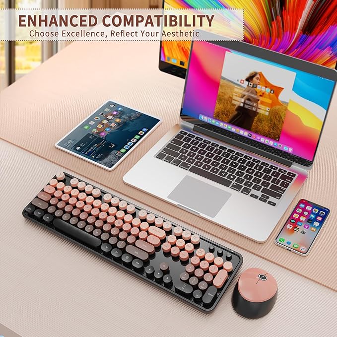Wireless Keyboard and Mouse Combo, Full-Size Retro Typewriter Keyboard with Round Keycaps, Ergonomic Design for Windows PC, Home and Office Use -Red