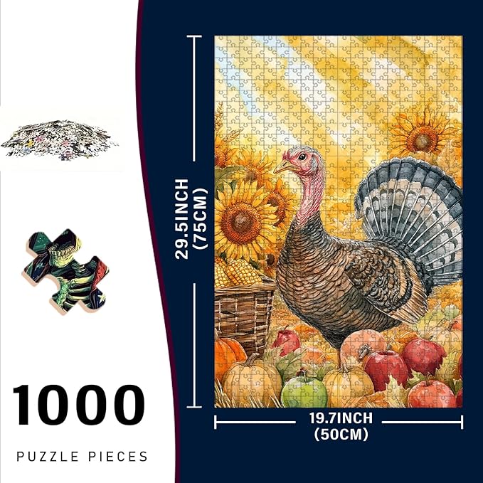 1000 Piece Wooden Jigsaw Puzzle Turkey Thanksgiving Challenging Family Game Night Stress Relief Educational Toy Perfect Home Decor & Time Killing Gift 29.5x19.7 Inch