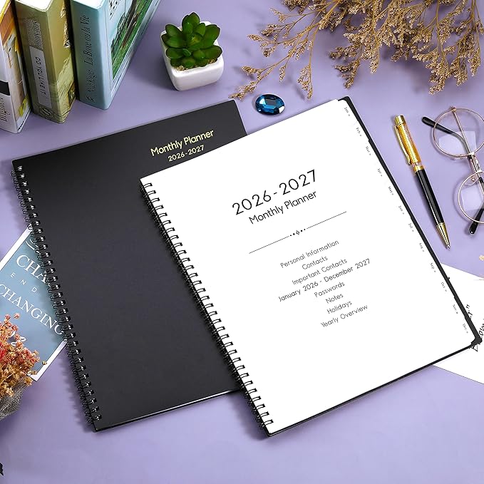 2026-2027 Monthly Planner/Calendar - 2 Year Monthly Planner 2026-2027, Jan.2026 - Dec.2027, 9" x 11", 2 Years Calendar 26-27 with Tabs,+Contacts + Back Pocket + Twin-wire Binding - Black