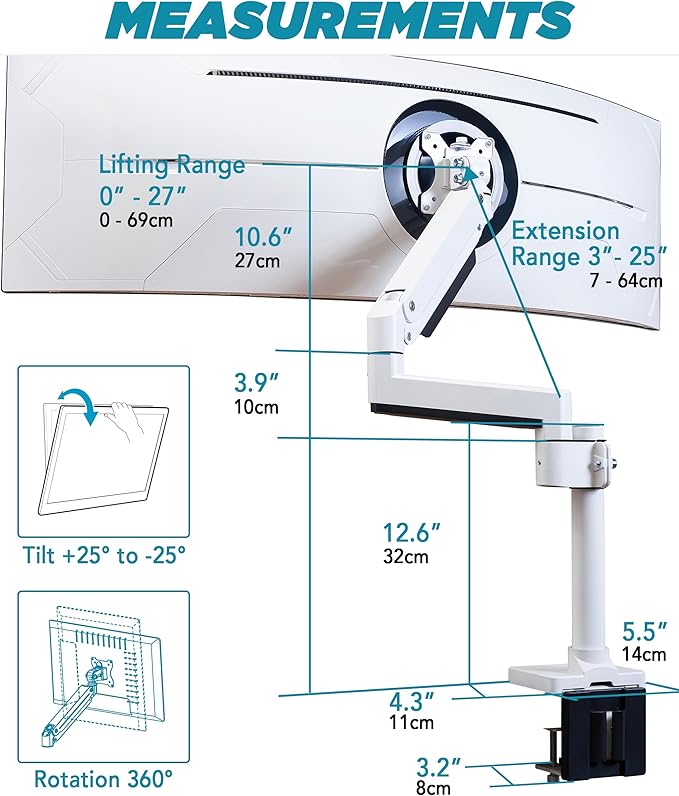 Heavy Duty Monitor Arm for Ultrawide Monitors up to 57" and 44 lbs, Single Desk Stand, Pneumatic Height Adjustable, Modular Extension Arms - Max VESA 100x100, White, MA20PW-S