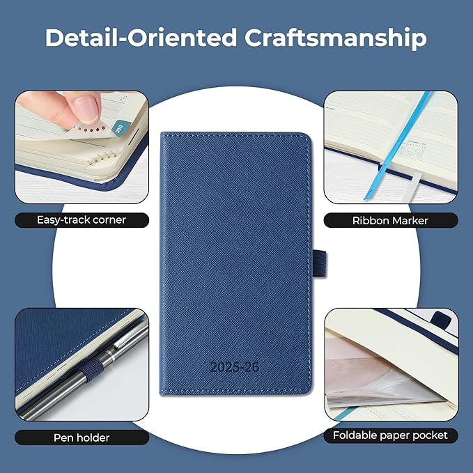 Weekly Monthly 2025-2026 Planner (July 25-Dec 26),6.5"x3.75",18 Months Agenda Plan with Month Tabs & Pocket,Expenses/Note Pages, Academic Calendar with Vegan Leather Cover,Blue