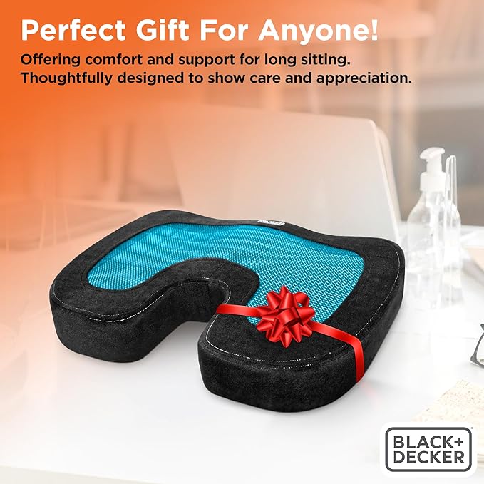 BLACK+DECKER Gel Seat Cushion – Gaming Chair & Office Chair Cushion with Cooling Memory Foam for Sciatica Pain Relief – Ergonomic Car, Desk, Airplane Travel Pillow, Washable Cover, Non-Slip