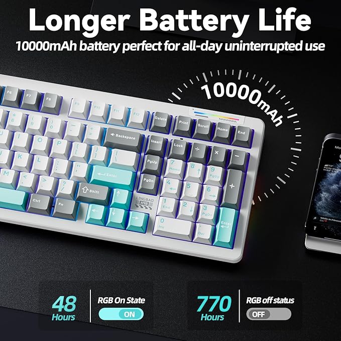 LINGBAO K98 Gaming Keyboard,10000mAh Battery,Wireless Mechanical Keyboard BT5.0/2.4G/USB-C, Gasket Hot Swappable,RGB Backlit, Creamy Sounding Keyboards with Number Pad for Win/Mac/PC/Gaming/Typing