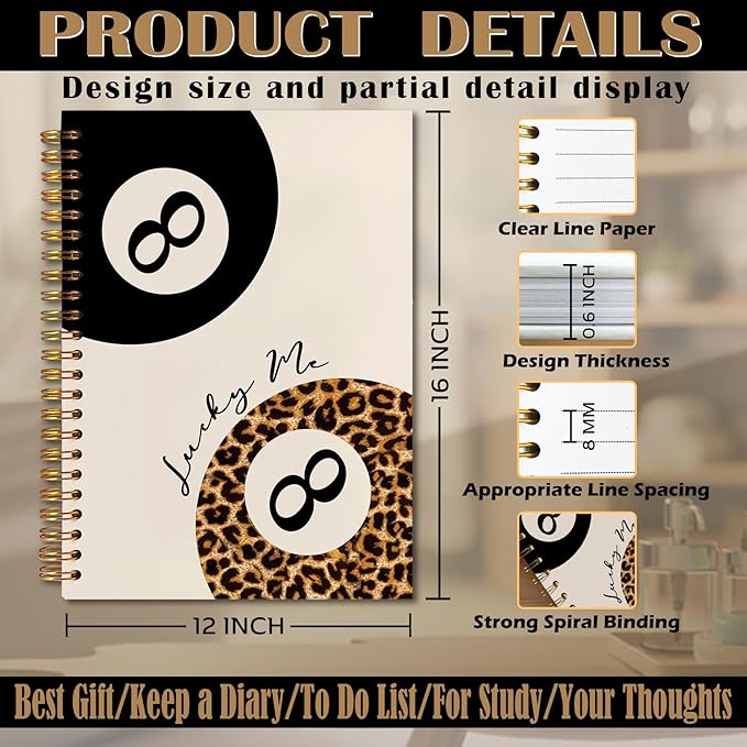 Trendy Leopard and Black Lucky 8 Ball Notebook, Funky Leopard Print Journaling Notebook, Vintage Modern Billiards Journal, Aesthetic Cheetah Print Balls Spiral Notebooks 5.5x8.3 Inch