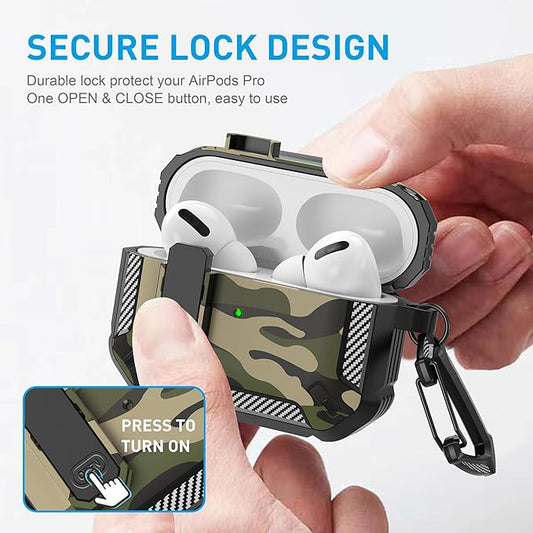 Maxjoy for AirPods Pro Case Cover with Lock, AirPods Pro 1st Generation Case for Men Military Rugged Protective Cover with Keychain Compatible with Apple AirPod Pros 2019 Front LED Visible,Jungle Camo