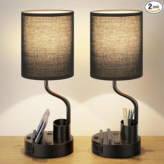 Black Bedside Table Lamps for Bedroom Set of 2 - Nightstand Light with AC Outlet and USB A & C for Charging, 3 Color Temperatures Desk Lamp with Pen Holder & Phone Stand for Living Room/Dorm/Office