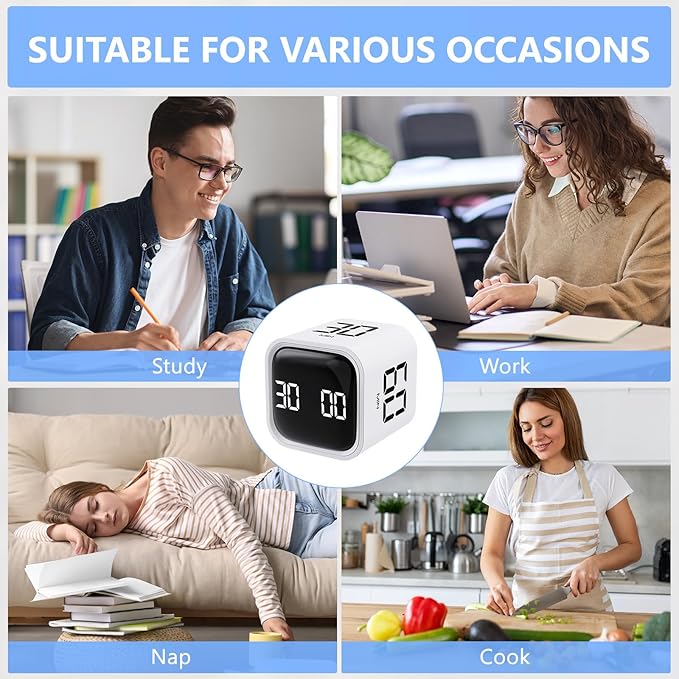 Digital Cube Productivity Timer - Rotating Pomodoro Timer with Gravireceptor 5-10-30-60 Min Custom Countdown, Vibration & Adjustable Volume for Learning, Office, Kitchen, Desk, White