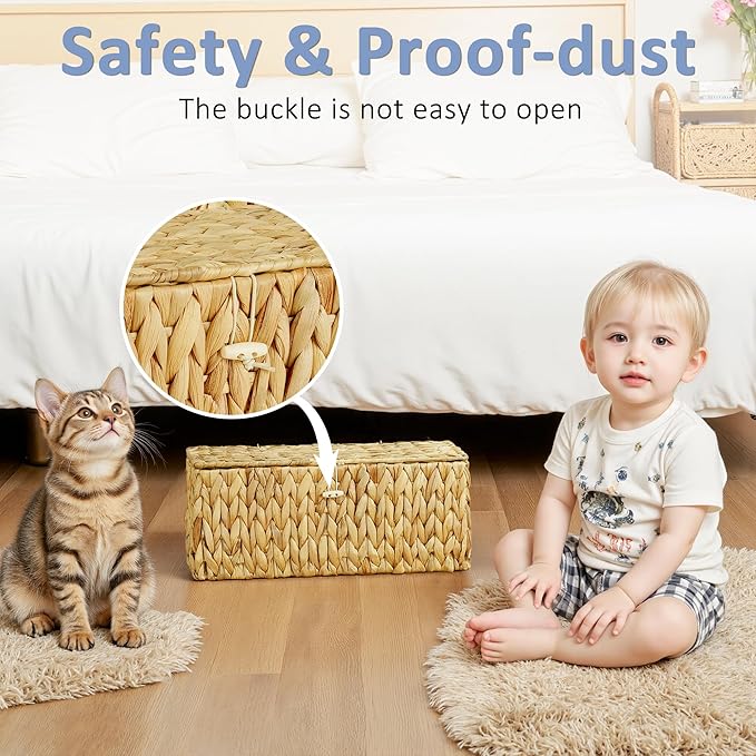 efluky Hand-Woven Cable Management Box with Lid, Water Hyacinth Cord Organizer Box to USB Wire, Power Strip & Charger, 2 Open Slots Cable Box for TV Table, Office Desk & Floor, Natural