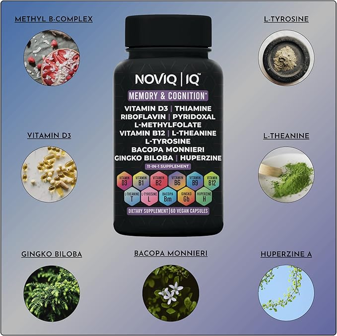 11-in-1 Nootropic Supplement: Supports Memory & Cognition - 100mg Ginkgo 150mg Bacopa 300mcg Huperzine 200mg L-Theanine 150mg L-Tyrosine & Bioactive B-Complex w/ 5-MTHF - 1,100mg+ Serving - 60 Count