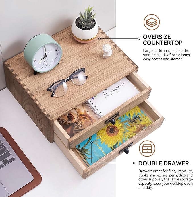 Kirigen Drak Wooden Office Storage Drawers Shallow Type - Desktop Filing Organization for Machine Printer Stand (BR, 2-Layer&2 Drawers)