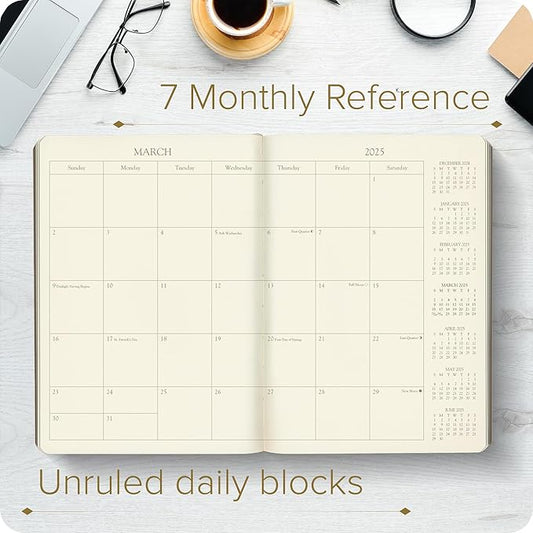 Gallery Leather Desk Monthly Planner 2025, Elegantly Bound Calendar Planner and Notebook with Stylish Gold-Gilded Page Edges, 18 Months - Acadia Navy - US Navy - 8 x 5.5 ”