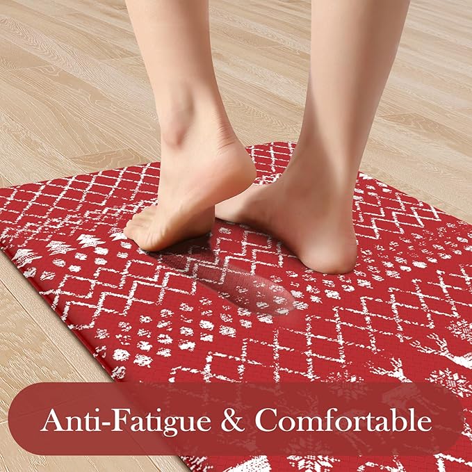 KIMODE Christmas Kitchen Rugs Sets of 2, Anti Fatigue Mats for Kitchen Floor, Farmhouse Red Christmas Kitchen Decor, Cushioned Kitchen Floor Mats Non Slip for Sink Laundry Desk 17"x47"+17"x29"