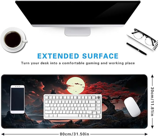Japanese Desk Mat Red Full Moon Desk Pad Black Riverside Large Mouse Pad Gaming Mousepad Extended Keyboard Pad 31.5 x 11.8 in Laptop Computer Mouse Keyboard Mat for Office Desk Decor