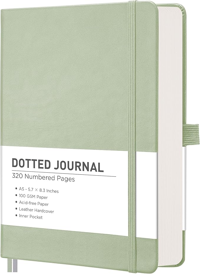 RETTACY Bullet Dotted Journal Notebook, 320 Numbered Pages, A5 Medium Size (5.7'' × 8.3''), Leather Hardcover, 100 GSM Thick Paper, for Bullet Journaling, Planning, Tracking (Light Green)