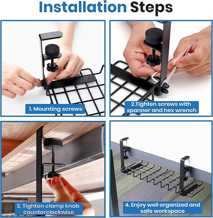 Under Desk Cable Management Tray, 16” No Drill Cord Organizer with Clamps for Wire Management, 4mm Sturdy Wire Desk Cable Organizer Tray, Cable Management Rack for Office