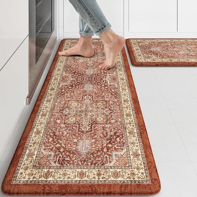 KIMODE Anti Fatigue Fall Kitchen Mats, Boho Distressed Kitchen Floor Mats 17"x47"+17"x29", Non Slip Waterproof Kitchen Rugs, Padded Comfort Standing Mats for Laundry, Office, Sink, Desk Orange Multi