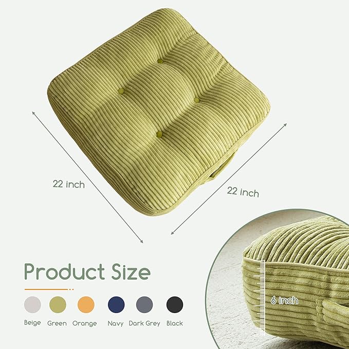 6" Washable Floor Pillow Cushion for Adults, Meditation Cushion Pillow, Large Square Floor Sitting, Removable Tufted Corduroy Cover, for Tatami Living Room or Yoga, 22x22 Inch, Machine Washable
