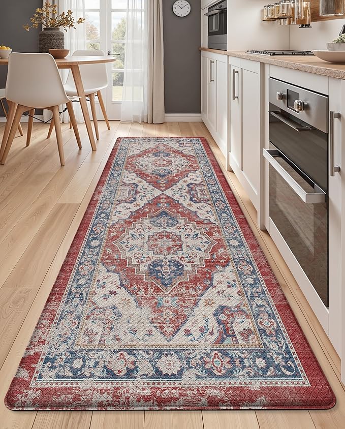 Color&Geometry Kitchen Floor Mats Anti Fatigue, Cushioned Boho Rugs,Waterproof Non Slip Kitchen Runner for Sink, Standing Mats for Office,24"x87",Red