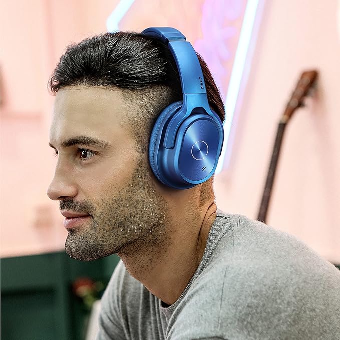 ZIHNIC Active Noise Cancelling Headphones, 40H Playtime Wireless Bluetooth Headset with Deep Bass Hi-Fi Stereo Sound,Over-Ear Headphone,Comfortable Earpads for Travel/Home/Office (Blue)