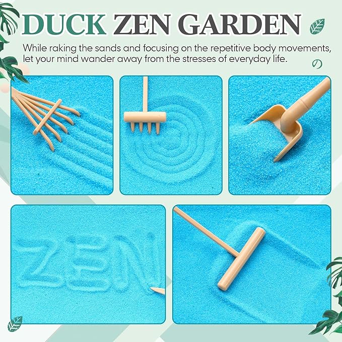 Soulchen Zen Garden Kit for Desk Decor Zen Sand Garden Box Set with Black Wooden Tray, Blue Sand, Tools & Accessories Japanese Gifts for Desktop Meditation Room Office Home(Duck)