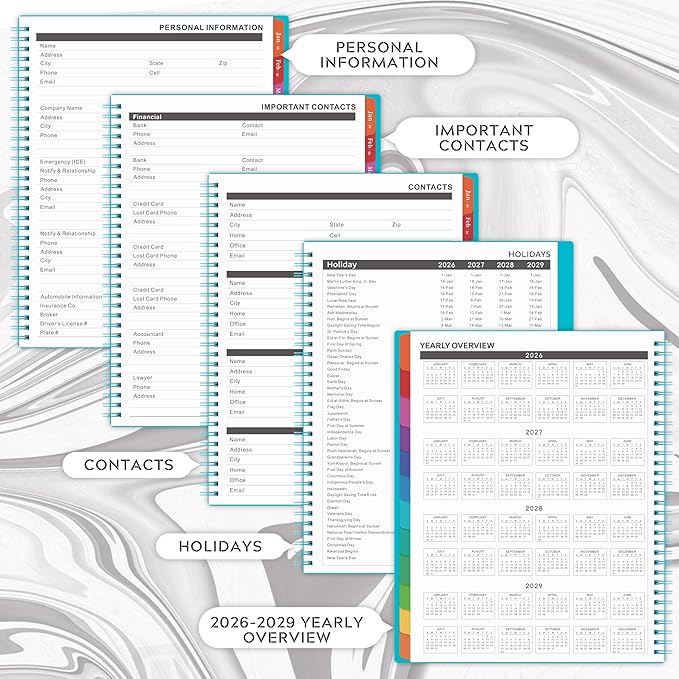 2026-2028 Monthly Planner/Calendar - 3 Year Monthly Planner 2026-2028, Jan.2026 - Dec.2028, 9" x 11", 36-Month Calendar + Colorful Tabs + Pocket - Teal