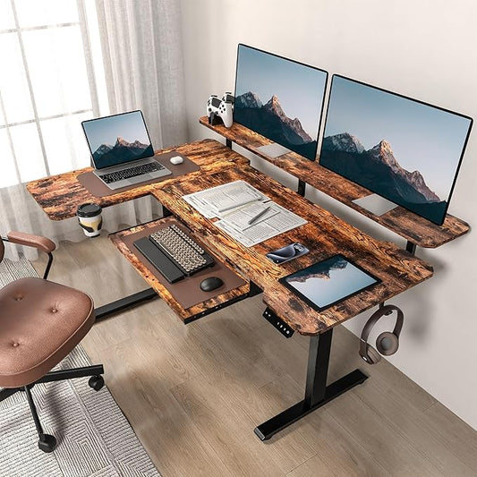 59 Inch L Shaped Standing Desk with Shelves and Keyboard, Electric Corner Standing Desk Adjustable Height, Sit Stand Computer Table with Reversiable Splice Board,Rustic Brown
