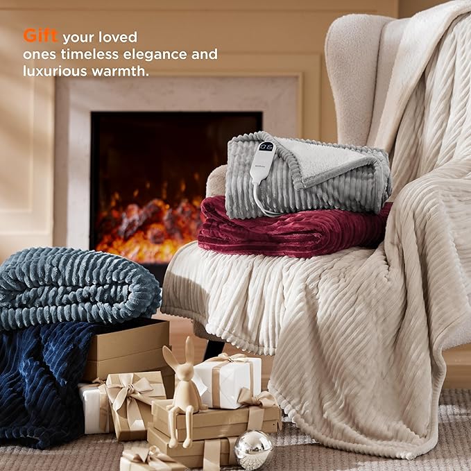 Bedsure GentleSoft Heated Blanket Throw - Soft Ribbed Flannel Electric Blanket, Heating with 4 Time Settings, 6 Heat Settings, and 3 hrs Timer Auto Shut Off, Gifts for Grandma (50x60 inches, Brown)