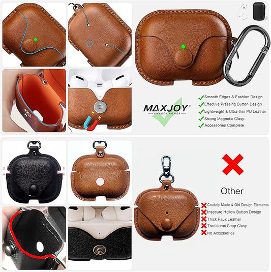 Maxjoy for AirPods Pro 2 Case Leather, Airpods Pro Leather Case Cover with Keychain Airpod Strap Compatible with Apple Airpod Pros 2nd Generation 2023 2022/AirPods Pros 2019 (Front LED Visible), Brown