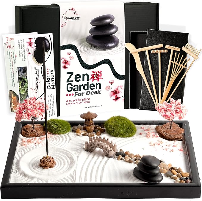 Zen Garden Kit for Desk 12x8in Sand Tray, Japanese Gift Set 14 Accessories and 6 Tools, Meditation Mini Zen Garden, Zen Sand Garden, Home Office Desk Decorations, Therapy Kit, Rock Decor