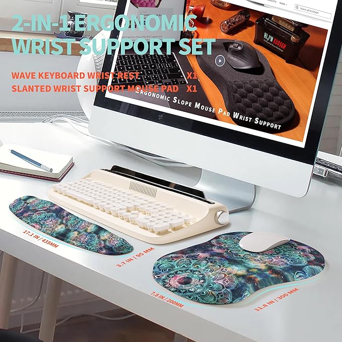 2-in-1 Ergonomic Set, Wave Rise Keyboard Wrist Rest and Massage Bulge Slope Mouse Pad Wrist Support, Cushion Memory Foam Integrated to Relieve Wrist Pain, Galaxy Mandala