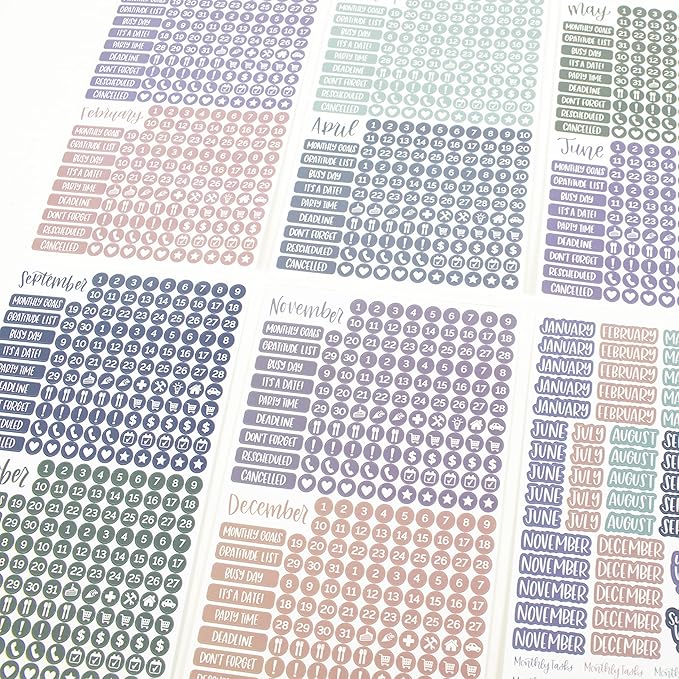 bloom daily planners Calendar Essentials Planner Stickers - Color Coordinating Monthly Headings, Dates, Icons, Etc. - 8 Sheets, 1629 Stickers Per Pack! - Jewel Tones