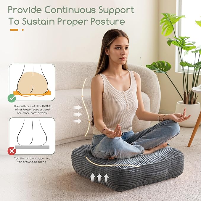 6" Washable Floor Pillow Cushion for Adults, Meditation Cushion Pillow, Large Square Floor Sitting, Removable Tufted Corduroy Cover, for Tatami Living Room or Yoga, 22x22 Inch, Machine Washable