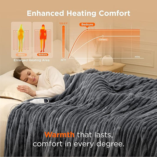 Bedsure Electric Blanket Twin - Thick Striped Flannel Electric Blanket, Heating with 10 Time Settings, 6 Heat Settings, and 8-Hour Timer Auto Shut Off, Gift for Grandma (62x84 inches, Grey)