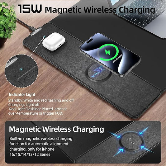 Mouse Pad with Wireless Charging, Gaming Mouse Pad with Ultra-Smooth Surface, Large XXL Desk Mat, Non-Slip Mouse Mat, Waterproof Computer Keyboard Pad for Gaming, Desk, Office, PC, 900x400x4MM, Black