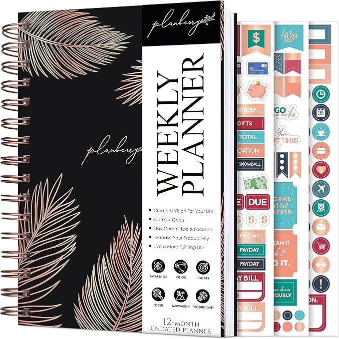 PLANBERRY Weekly Planner – Undated Life Organizer & Budget Planner – Time Management, Goal Setting, To-Do List, Work-Life Balance & Habit Tracker – 6.1″ x 8.1″ (Onyx Black)