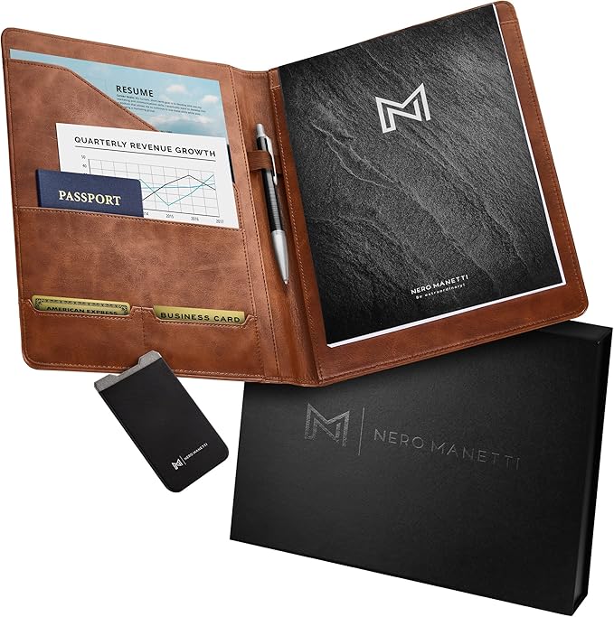 Leather Portfolio Folder - Business PU Leather Notepad Holder for Resumes, Legal Pad Executive Binder, Professional Padfolio Notebook for Women/Men (Brown)