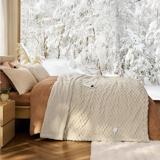 Bedsure Electric Blanket Twin Size - Super Soft Flannel Sherpa Heated Blanket with Bubble Pattern, Heating with 6 Heating Levels, 10 Time Settings, and 8-Hour Auto-Off (Light Brown, 62x84 inches)