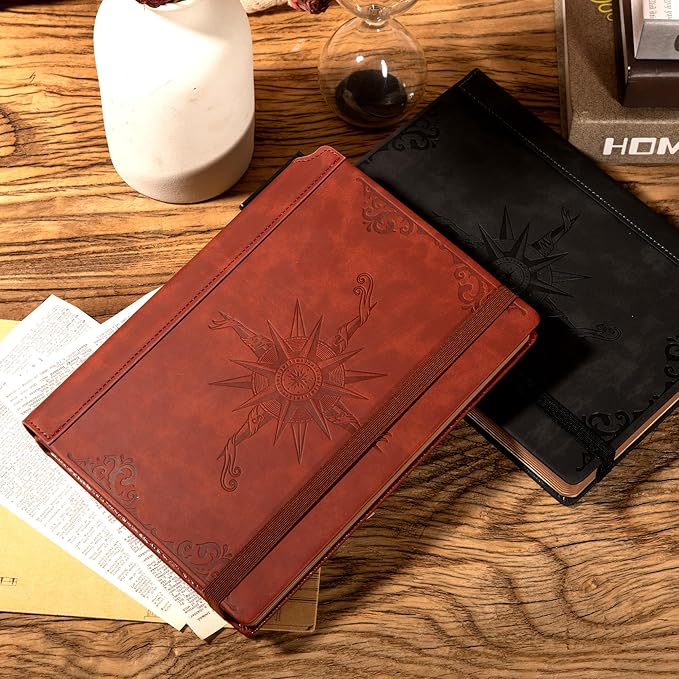 CAGIE Compass Leather Notebook Journal for Men, 100 GSM 288 Pages Lined Journals for Writing, A5 Hardcover Journaling Notebooks Gift Set with Pen for Travel Office Daily Writing