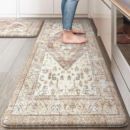 KIMODE Anti Fatigue Kitchen Mat, Farmhouse Kitchen Rugs Sets of 2, Non-Slip Waterproof Kitchen Floor Mats, Ergonomic Cushioned Standing Mat for Sink, Laundry, Desk Khaki 20"x47"+20"x32"