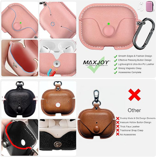 Maxjoy for AirPods Pro 2 Case Leather, Airpods Pro Leather Case Cover with Keychain Airpod Strap Compatible with Apple Airpod Pros 2nd Generation 2023 2022/AirPods Pros 2019 (Front LED Visible), Pink