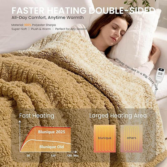 Electric Heated Blanket King 90x100 inches, Fast Heating w/ 10 Heat Settings & 2/4/8/10H Auto Timer, Double-Sided Sherpa, Ultra Soft & Cozy for Couch, Bed, Office, Machine Washable